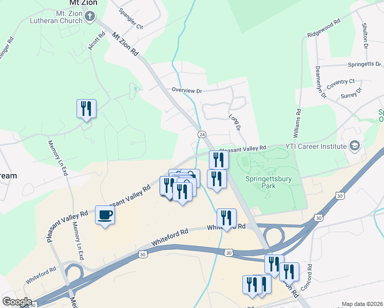 map of restaurants, bars, coffee shops, grocery stores, and more near 1 Wyndham Drive in York