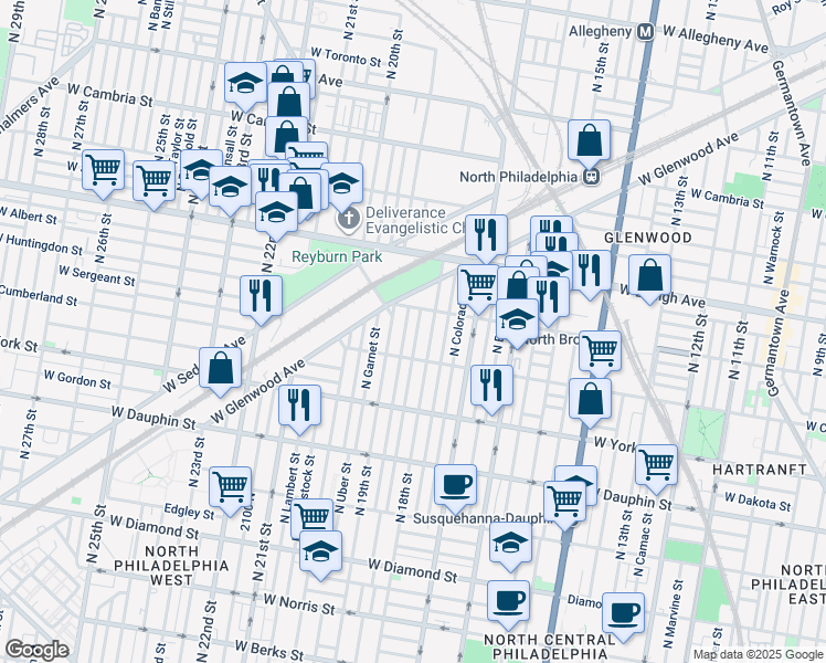 map of restaurants, bars, coffee shops, grocery stores, and more near 2536 North Cleveland Street in Philadelphia