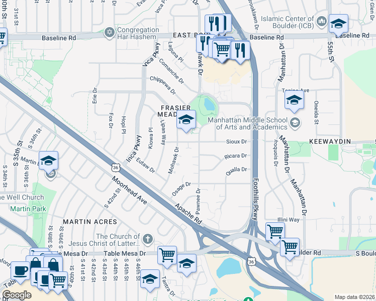 map of restaurants, bars, coffee shops, grocery stores, and more near 4540 Sioux Drive in Boulder