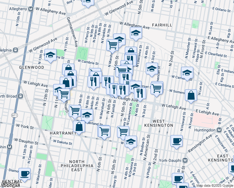 map of restaurants, bars, coffee shops, grocery stores, and more near 2709 North Fairhill Street in Philadelphia