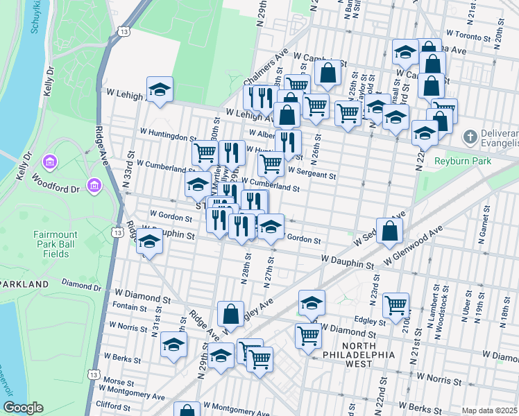 map of restaurants, bars, coffee shops, grocery stores, and more near 2413 North 28th Street in Philadelphia