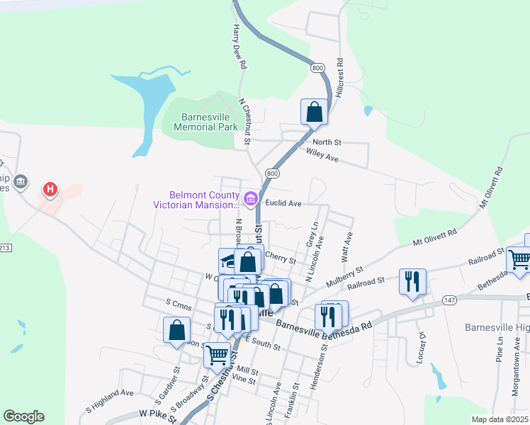 map of restaurants, bars, coffee shops, grocery stores, and more near 124 Euclid Avenue in Barnesville