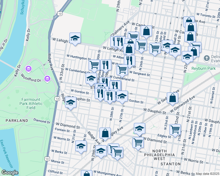 map of restaurants, bars, coffee shops, grocery stores, and more near 2407 North Dover Street in Philadelphia
