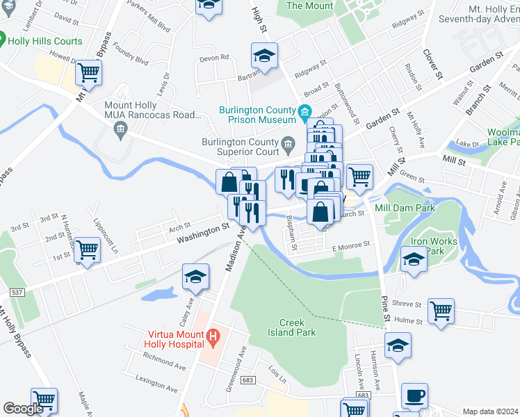 map of restaurants, bars, coffee shops, grocery stores, and more near 63 Washington Street in Mount Holly