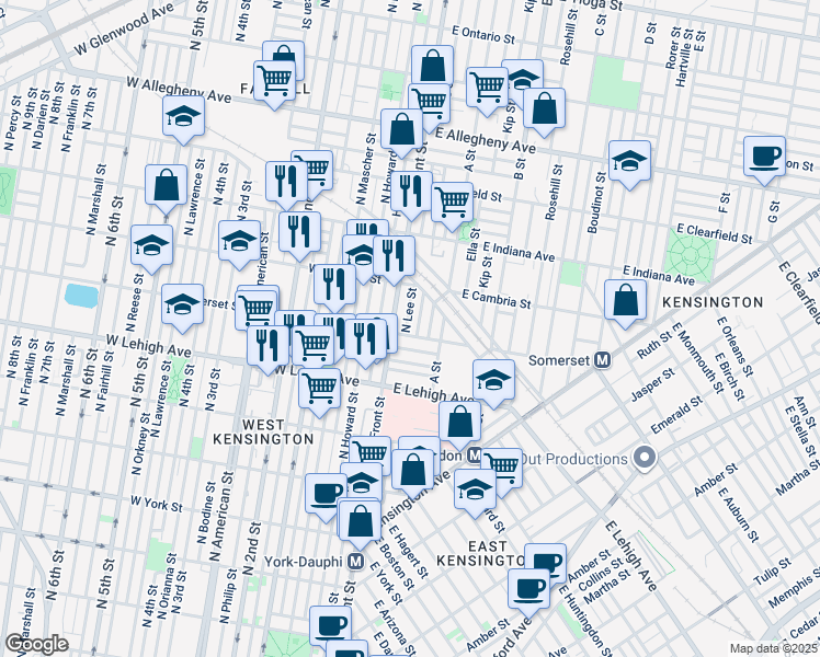 map of restaurants, bars, coffee shops, grocery stores, and more near 2807 North Lee Street in Philadelphia