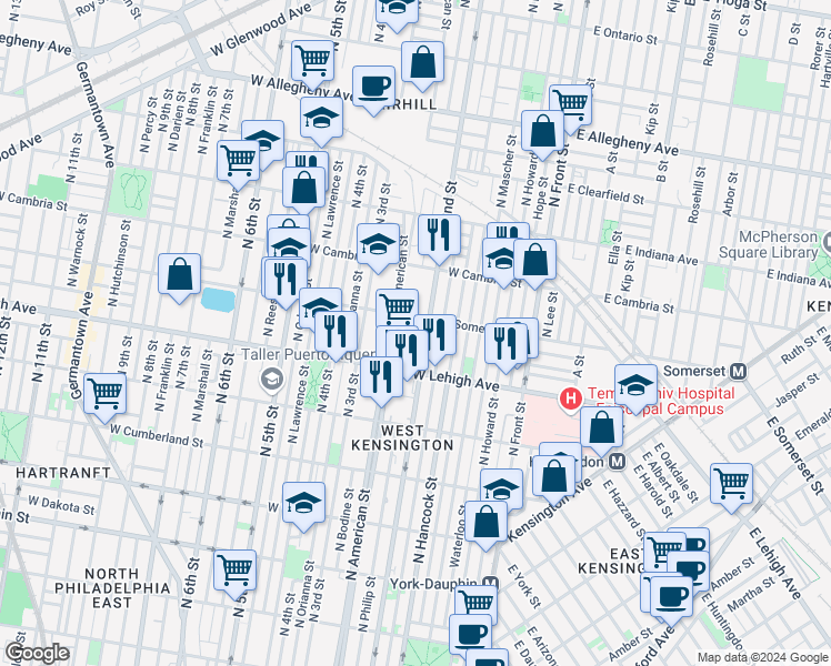 map of restaurants, bars, coffee shops, grocery stores, and more near 2755 North Philip Street in Philadelphia