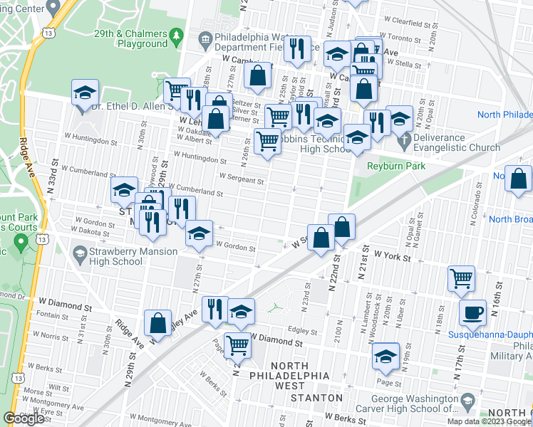 map of restaurants, bars, coffee shops, grocery stores, and more near 2434 West Cumberland Street in Philadelphia
