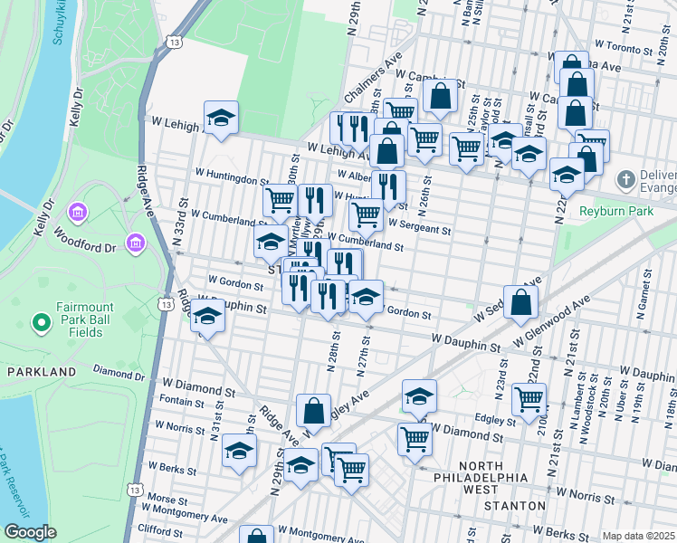 map of restaurants, bars, coffee shops, grocery stores, and more near 2411 North Newkirk Street in Philadelphia