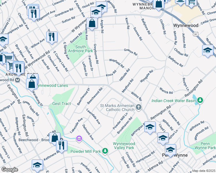 map of restaurants, bars, coffee shops, grocery stores, and more near 539 Haverford Road in Wynnewood