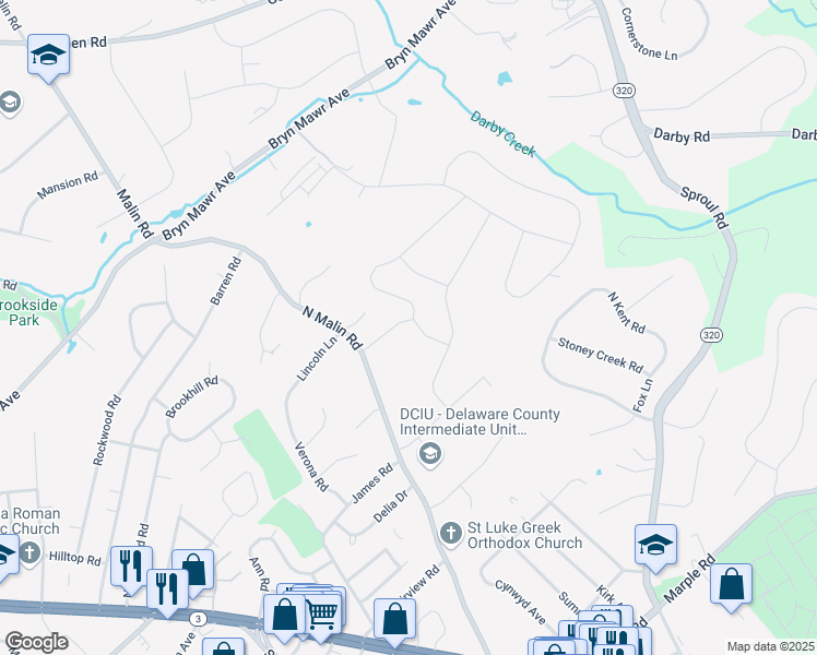 map of restaurants, bars, coffee shops, grocery stores, and more near 109 Laurel Lane in Broomall