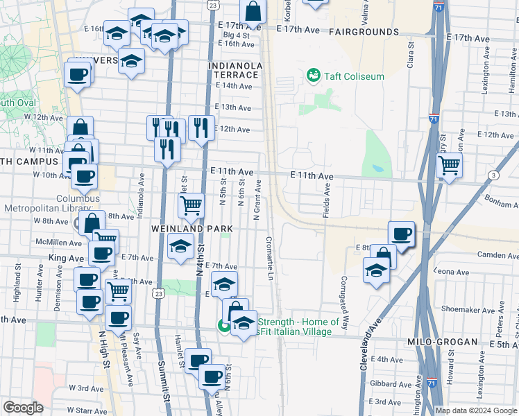map of restaurants, bars, coffee shops, grocery stores, and more near 1450 North Grant Avenue in Columbus