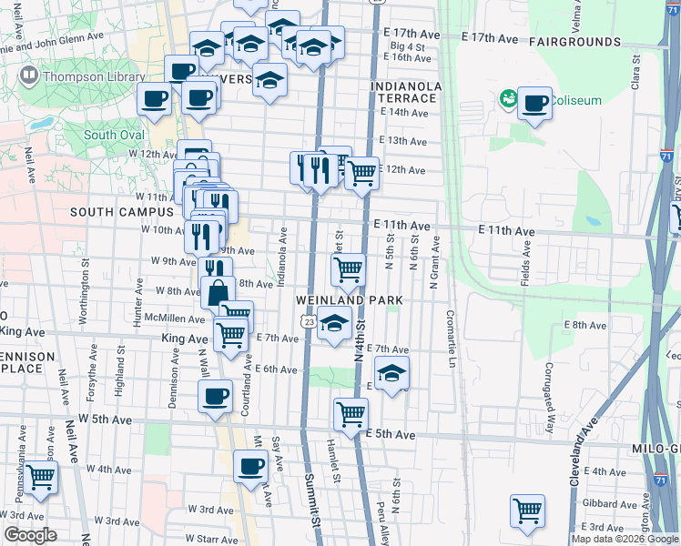 map of restaurants, bars, coffee shops, grocery stores, and more near in Columbus