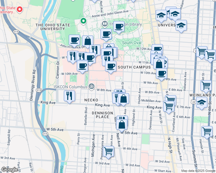 map of restaurants, bars, coffee shops, grocery stores, and more near in Columbus
