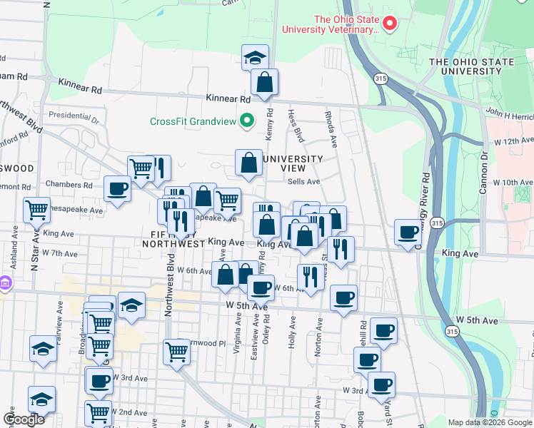 map of restaurants, bars, coffee shops, grocery stores, and more near 1672 Kenny Road in Columbus