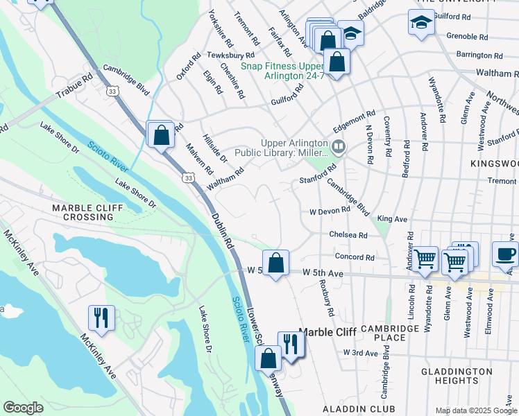 map of restaurants, bars, coffee shops, grocery stores, and more near 1849 Maxfield Drive in Upper Arlington
