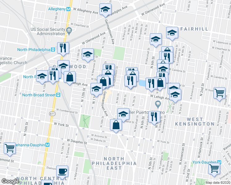 map of restaurants, bars, coffee shops, grocery stores, and more near 900 West Lehigh Avenue in Philadelphia
