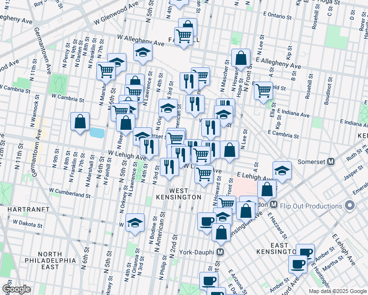 map of restaurants, bars, coffee shops, grocery stores, and more near 2755 North Philip Street in Philadelphia