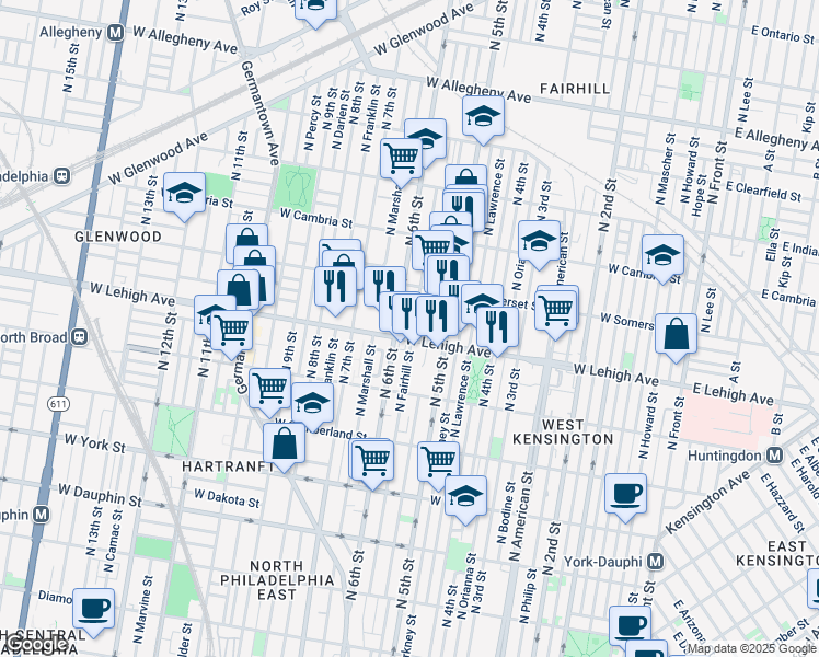 map of restaurants, bars, coffee shops, grocery stores, and more near 2706 North Fairhill Street in Philadelphia