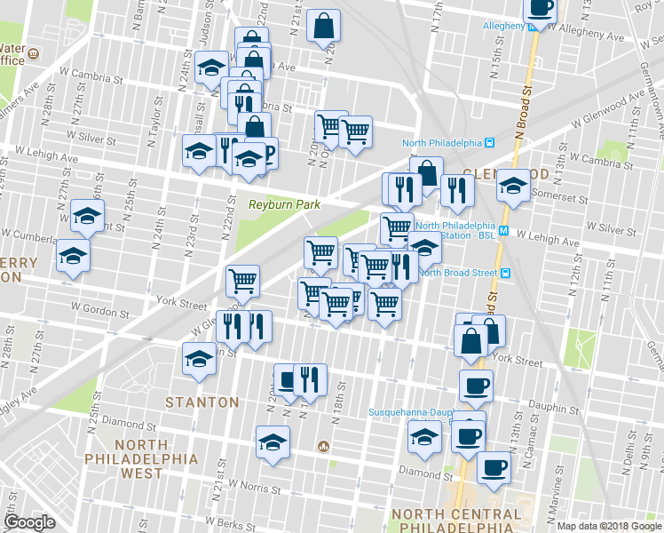 map of restaurants, bars, coffee shops, grocery stores, and more near 2533 North 19th Street in Philadelphia