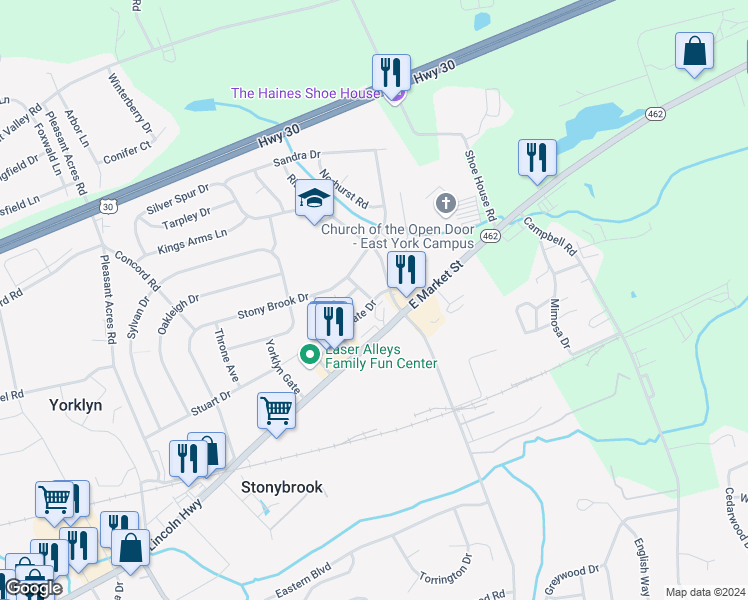 map of restaurants, bars, coffee shops, grocery stores, and more near 3964 Eastgate Drive in York