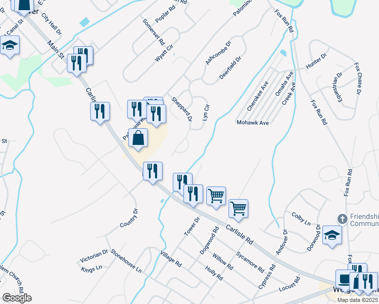 map of restaurants, bars, coffee shops, grocery stores, and more near 2023 Shaffer Circle in Dover