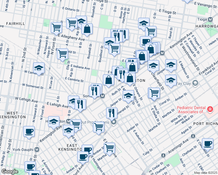 map of restaurants, bars, coffee shops, grocery stores, and more near 532 East Cambria Street in Philadelphia
