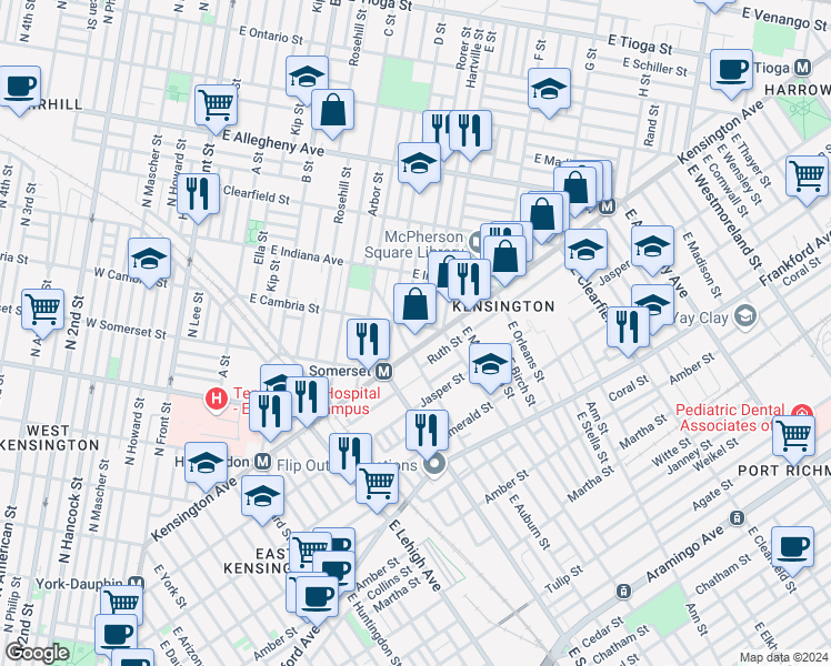 map of restaurants, bars, coffee shops, grocery stores, and more near 530 East Cambria Street in Philadelphia