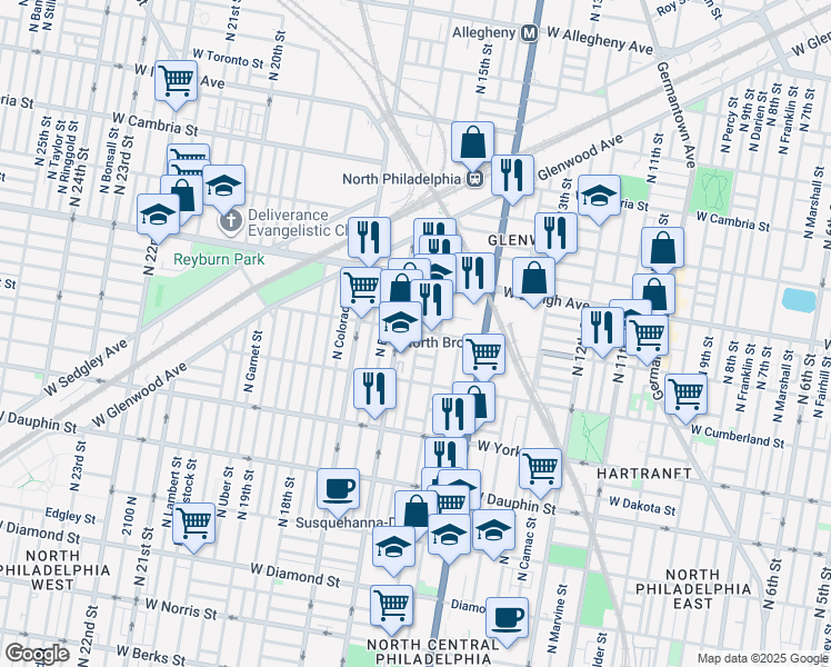 map of restaurants, bars, coffee shops, grocery stores, and more near 2566 North Sydenham Street in Philadelphia