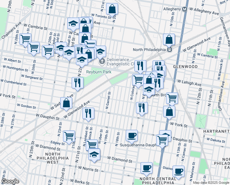 map of restaurants, bars, coffee shops, grocery stores, and more near 2533 North 19th Street in Philadelphia