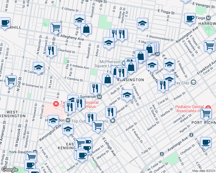 map of restaurants, bars, coffee shops, grocery stores, and more near 532 East Cambria Street in Philadelphia
