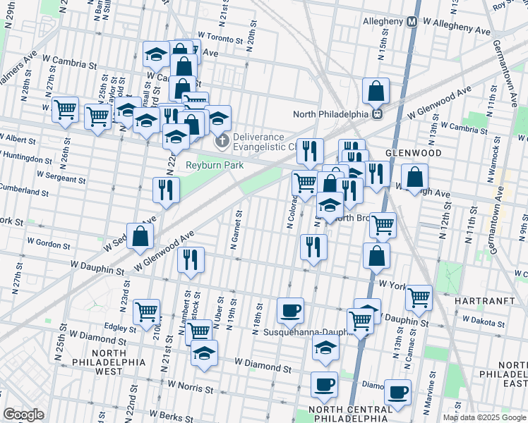 map of restaurants, bars, coffee shops, grocery stores, and more near 2538 North Cleveland Street in Philadelphia
