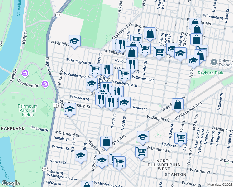 map of restaurants, bars, coffee shops, grocery stores, and more near 2412 North 28th Street in Philadelphia