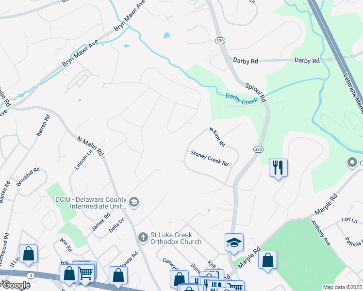 map of restaurants, bars, coffee shops, grocery stores, and more near 2800 North Kent Road in Broomall