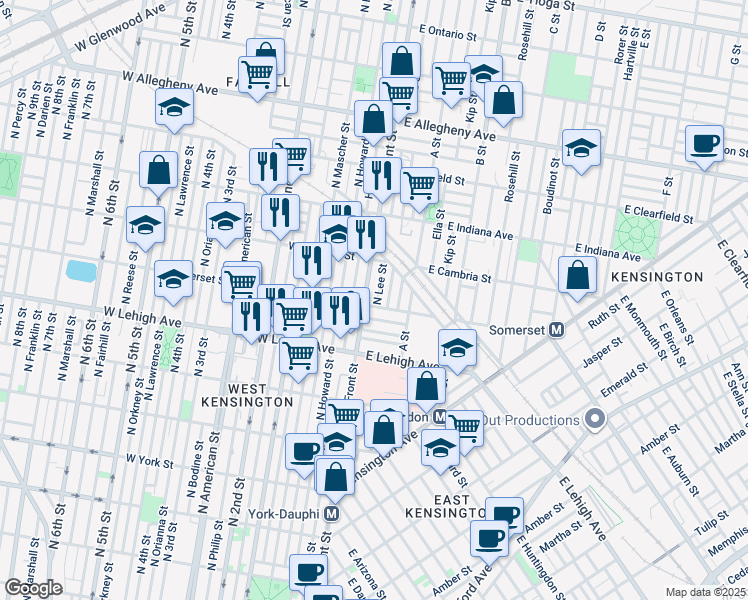 map of restaurants, bars, coffee shops, grocery stores, and more near 2806 North Lee Street in Philadelphia