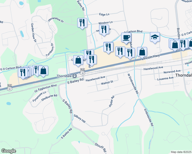 map of restaurants, bars, coffee shops, grocery stores, and more near 3159 Hazelwood Avenue in Downingtown