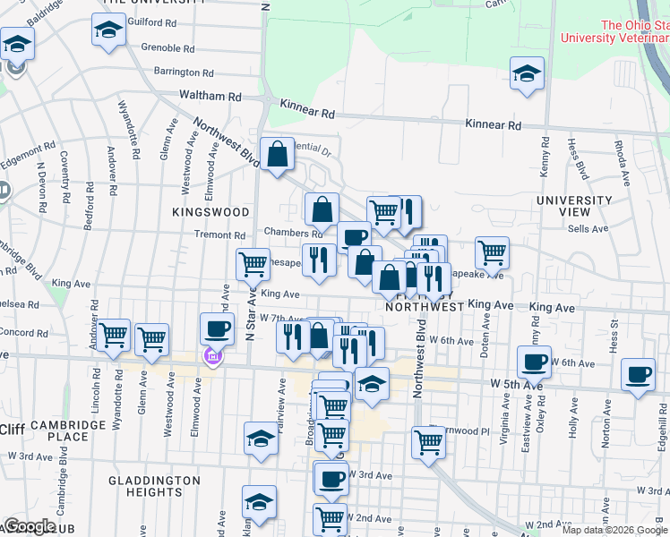 map of restaurants, bars, coffee shops, grocery stores, and more near 1400 Chesapeake Avenue in Columbus