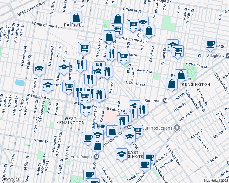 map of restaurants, bars, coffee shops, grocery stores, and more near 2813 North Water Street in Philadelphia