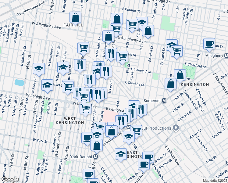 map of restaurants, bars, coffee shops, grocery stores, and more near 2813 North Water Street in Philadelphia