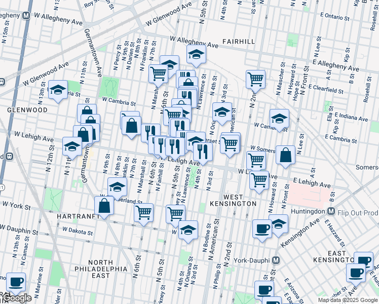map of restaurants, bars, coffee shops, grocery stores, and more near 2722 North Lawrence Street in Philadelphia