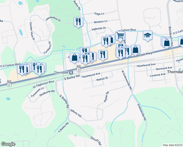 map of restaurants, bars, coffee shops, grocery stores, and more near 3159 Hazelwood Avenue in Downingtown
