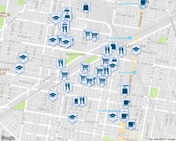 map of restaurants, bars, coffee shops, grocery stores, and more near 2535 North 19th Street in Philadelphia