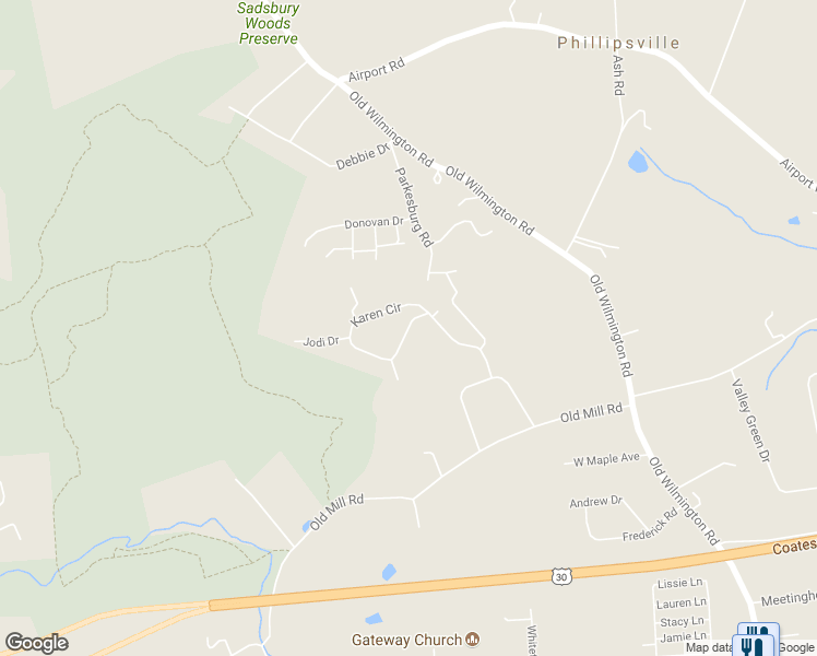 map of restaurants, bars, coffee shops, grocery stores, and more near 134 Karen Circle in Coatesville