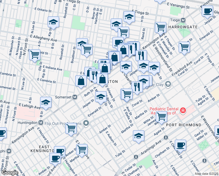 map of restaurants, bars, coffee shops, grocery stores, and more near 1859 East Orleans Street in Philadelphia