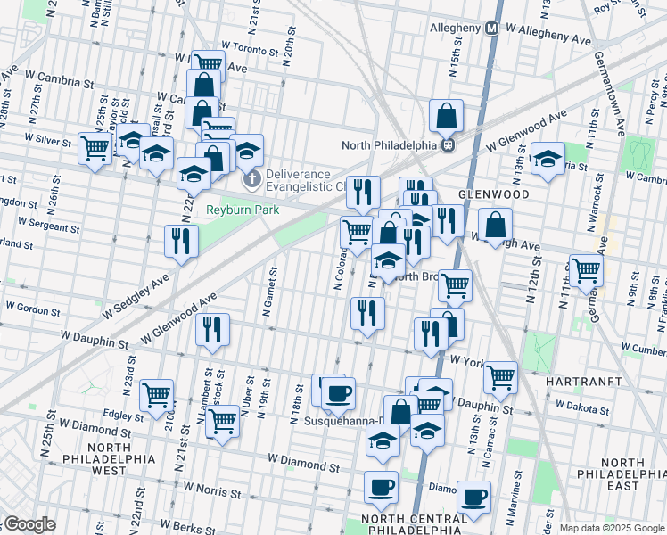 map of restaurants, bars, coffee shops, grocery stores, and more near 2551 North Bouvier Street in Philadelphia