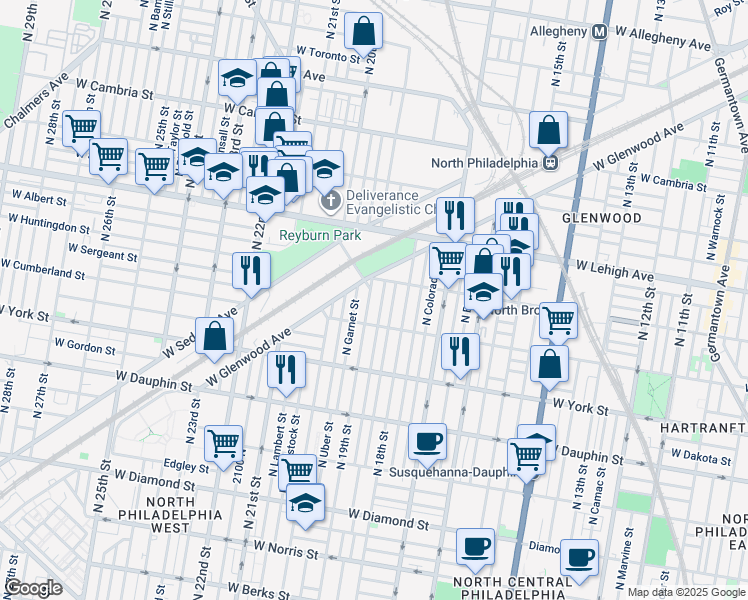 map of restaurants, bars, coffee shops, grocery stores, and more near 2535 North 19th Street in Philadelphia