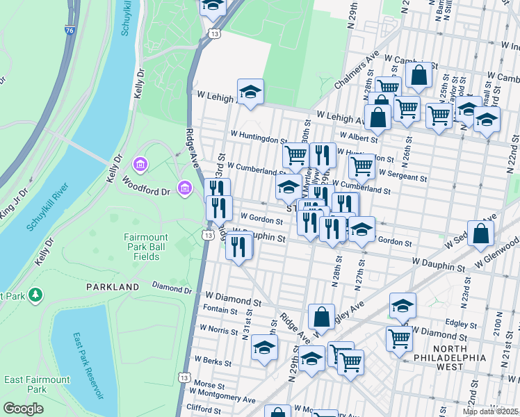 map of restaurants, bars, coffee shops, grocery stores, and more near 3113 West Arizona Street in Philadelphia