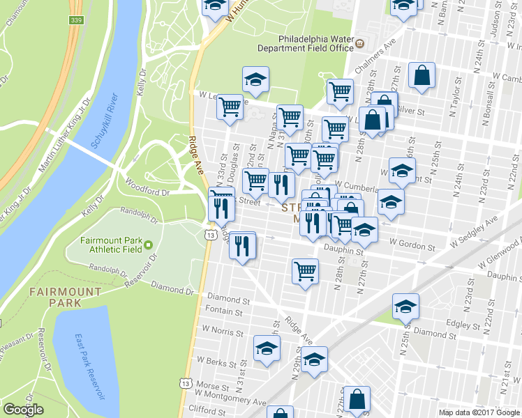map of restaurants, bars, coffee shops, grocery stores, and more near 3115 West Arizona Street in Philadelphia