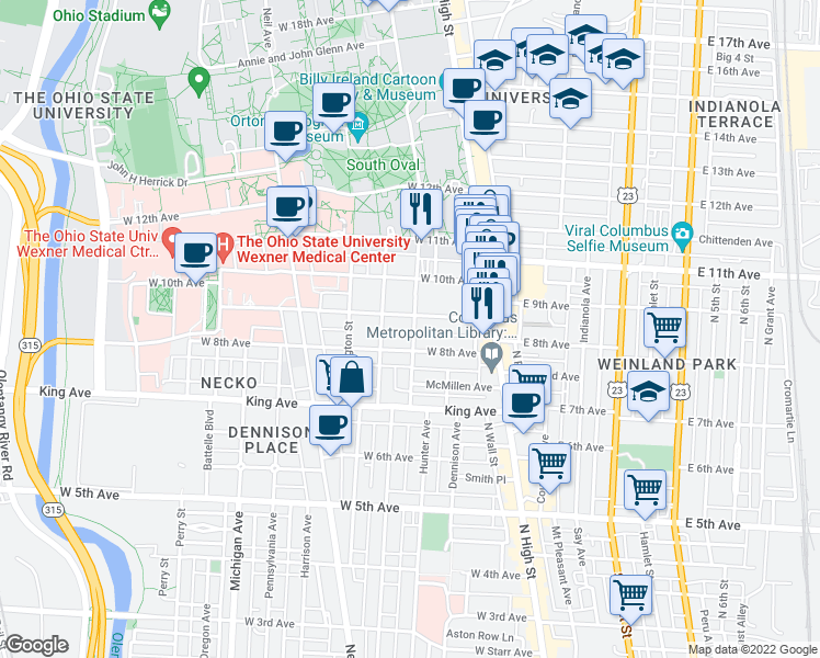 map of restaurants, bars, coffee shops, grocery stores, and more near 1505 Hunter Avenue in Columbus