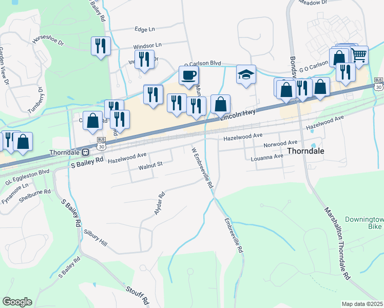 map of restaurants, bars, coffee shops, grocery stores, and more near 276 Embreeville Road in Downingtown