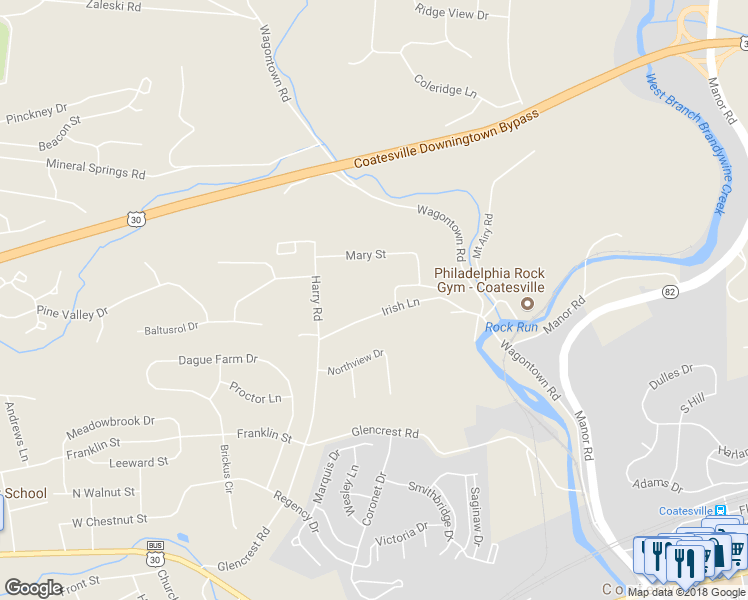 map of restaurants, bars, coffee shops, grocery stores, and more near 115 Irish Lane in Coatesville